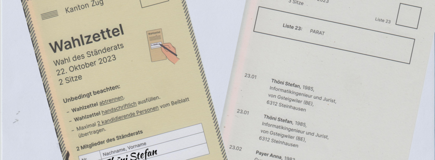 Im Hintergrund ein Stimmrechtsausweis, im Vordergrund die Wahlzettel für die Nationalratswahl für die PARAT und für die Ständeratswahl für Stefan Thöni